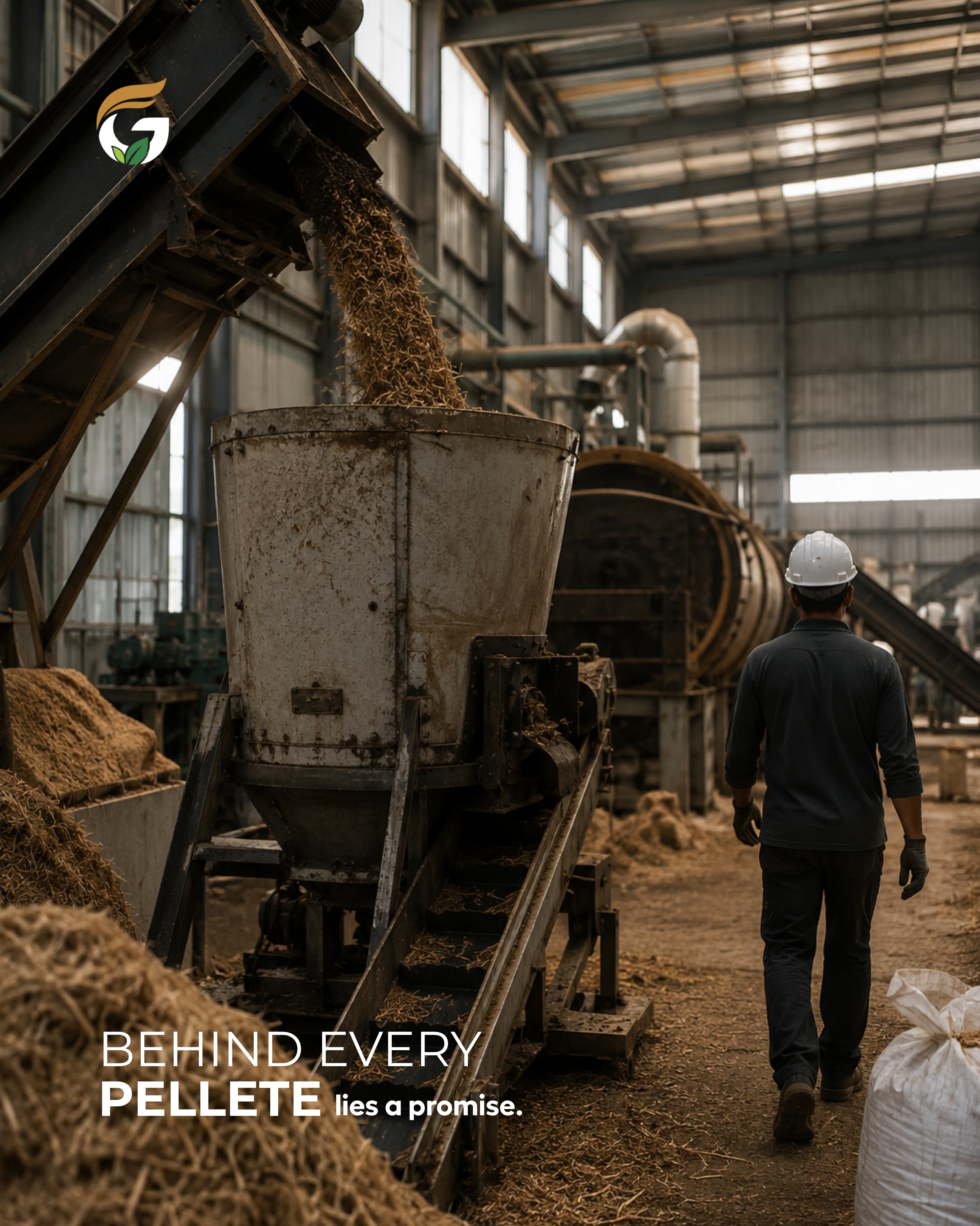 Biomass feedstock moving through the Govix pellet line at the Shapar, Rajkot plant